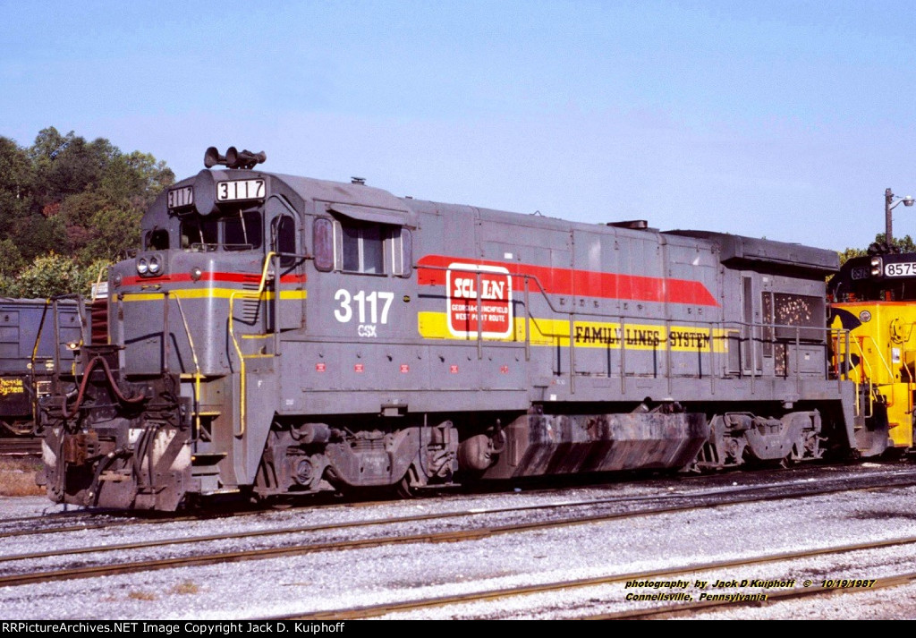 CSX SBD 3117, ex-LN 5117, B23-7, at Connellsville, Pennsylvania. October 19, 1987. 